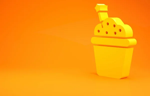 オレンジ色の背景に黄色のケーキアイコン 誕生日おめでとう 最小限の概念 3Dイラスト3Dレンダリング — ストック写真