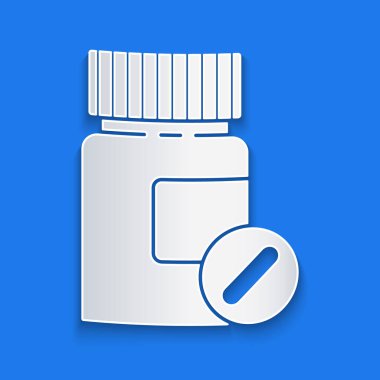 Kağıt kesim Ilaç şişe ve hap simgesi mavi arka planda izole. Şişe hap işareti. Eczane tasarımı. Kağıt sanatı tarzı. Vektör Illustration