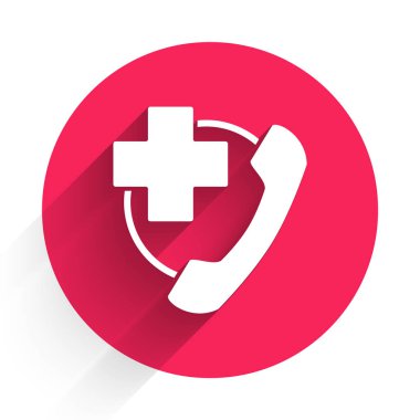 Hastanenin simgesine uzun gölgeli beyaz acil durum çağrısı. Kırmızı daire düğmesi. Vektör İllüstrasyonu