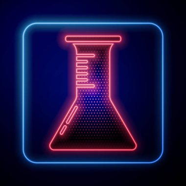 Parlayan neon test tüpü ve mavi arka planda izole edilmiş matara simgesi. Kimyasal laboratuvar testi. Laboratuvar camları. Vektör İllüstrasyonu