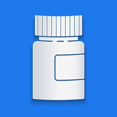 Kağıt kesiği ilaç şişesi ikonu mavi arka planda izole edilmiş. Şişe hapı işareti. Eczane tasarımı. Kağıt sanatı tarzı. Vektör İllüstrasyonu