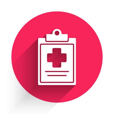 Uzun gölgeli, klinik kayıt simgesine sahip beyaz tıbbi pano. Sağlık sigortası formu. Reçete, tıbbi kontrol işaretleri raporu. Kırmızı daire düğmesi. Vektör İllüstrasyonu