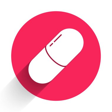 Uzun gölgeli beyaz ilaç veya tablet ikonu. Kapsül hapı ve uyuşturucu işareti. Eczane tasarımı. Kırmızı daire düğmesi. Vektör İllüstrasyonu
