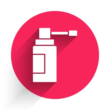 Burun ve boğaz ikonu hastalıklarının tedavisi için uzun gölgeli bir sprey sıkılmış beyaz tıbbi şişe. Kırmızı daire düğmesi. Vektör İllüstrasyonu