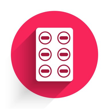 Uzun gölgeli, su toplayan beyaz haplar. İlaç paketi. Tablet, vitamin, antibiyotik, aspirin. Kırmızı daire düğmesi. Vektör İllüstrasyonu