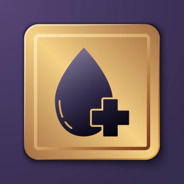 Mor Bağış, mor arka planda çapraz ikonu olan kan damlası. Altın kare düğme. Vektör İllüstrasyonu