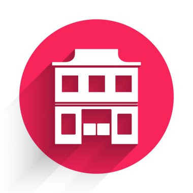 Beyaz Vahşi Batı salonu ikonu uzun gölgeli. Eski batı binası. Kırmızı daire düğmesi. Vektör İllüstrasyonu