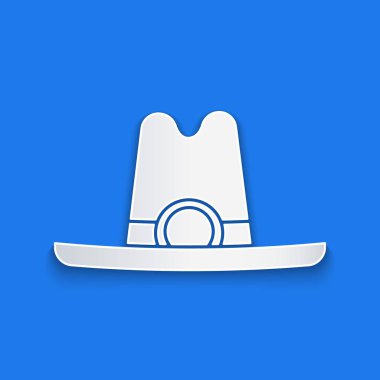 Kağıt kesiği batı kovboy şapkası ikonu mavi arka planda izole edilmiş. Kağıt sanatı tarzı. Vektör İllüstrasyonu