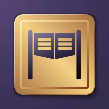 Mor eski batı sallanan salon kapısı ikonu, mor arka planda izole edilmiş. Altın kare düğme. Vektör İllüstrasyonu