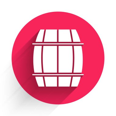 Uzun gölgeli beyaz tahta varil ikonu. Alkol fıçısı, içki kabı, bira için tahta fıçı, viski, şarap. Kırmızı daire düğmesi. Vektör İllüstrasyonu