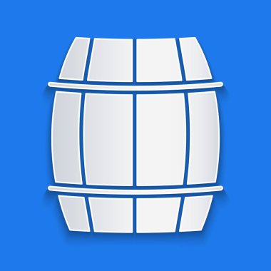 Kağıt mavi arka plan üzerinde izole Ahşap varil simgesi kesti. Alkollü fıçı, içki kabı, bira için ahşap fıçı, viski, şarap. Kağıt sanat tarzı. Vektör İllüstrasyonu