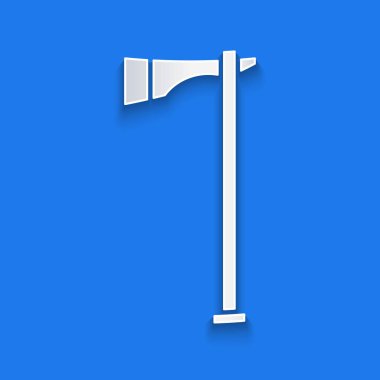 Kağıt kesiği Amerikan Tomahawk balta ikonu mavi arka planda izole. Kağıt sanatı tarzı. Vektör İllüstrasyonu