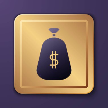 Mor Para Çantası simgesi mor arka planda izole edildi. Dolar ya da Usd sembolü. Nakit bankacılık tabelası. Altın kare düğme. Vektör İllüstrasyonu