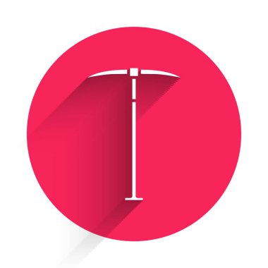 Beyaz Kazma simgesi uzun gölgeli izole edilmiş. Kırmızı daire düğmesi. Vektör İllüstrasyonu