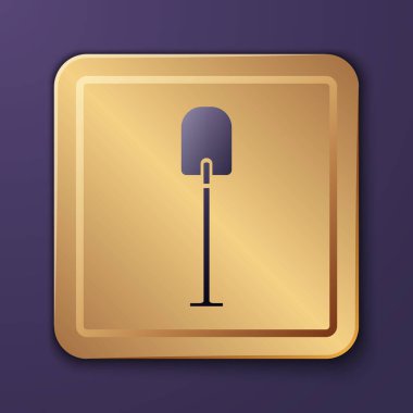 Mor arkaplanda izole edilmiş mor kürek simgesi. Bahçe aletleri. Bahçecilik, tarım, çiftçilik aleti. Altın kare düğme. Vektör İllüstrasyonu