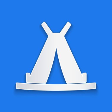 Kağıt kesiği geleneksel kızılderili çadırı ya da wigwam simgesi mavi arka planda izole edilmiş. Kızılderili çadırı. Kağıt sanatı tarzı. Vektör İllüstrasyonu