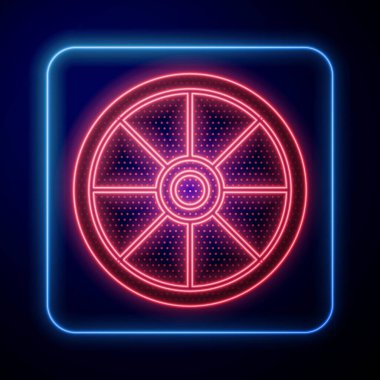 Parlayan neon renkli eski ahşap tekerlek simgesi mavi arka planda izole edilmiş. Vektör İllüstrasyonu