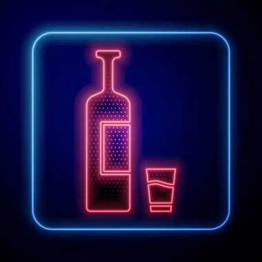 Parlayan neon viski şişesi ve mavi arka planda izole edilmiş cam ikon. Vektör İllüstrasyonu