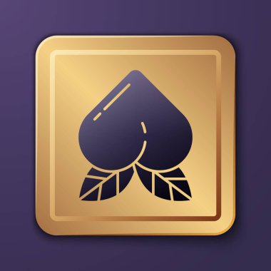 Mor Şeftali meyvesi ya da mor arka planda yaprak ikonu olan nektarin. Altın kare düğme. Vektör İllüstrasyonu