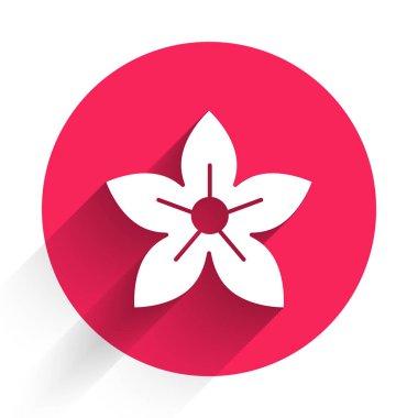 Beyaz Lotus çiçek ikonu uzun gölgeli izole edilmiş. Kırmızı daire düğmesi. Vektör İllüstrasyonu