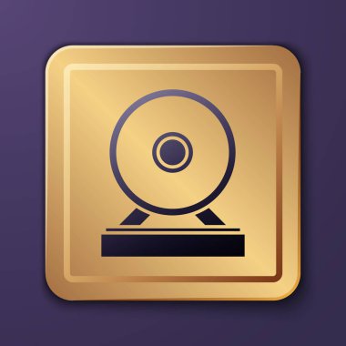 Mor gong müzik perküsyon enstrümanı dairesel metal disk ikonu mor arka planda izole edildi. Altın kare düğme. Vektör İllüstrasyonu