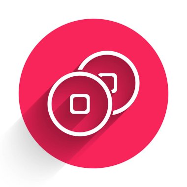 Beyaz Çin Yuan para birimi sembolü uzun gölgeli izole edilmiş. Bozuk para. Bankacılık işareti. Para sembolü. Kırmızı daire düğmesi. Vektör İllüstrasyonu