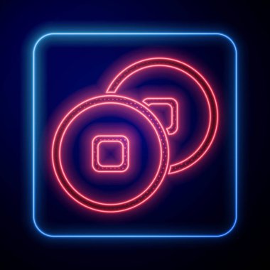 Parlayan neon rengi Çin Yuan para birimi sembolü mavi arka planda izole edilmiş. Bozuk para. Bankacılık işareti. Para sembolü. Vektör İllüstrasyonu