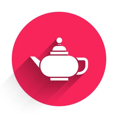 Geleneksel Çin çay seremonisi ikonu uzun gölgeli. Fincanlı çaydanlık. Kırmızı daire düğmesi. Vektör İllüstrasyonu