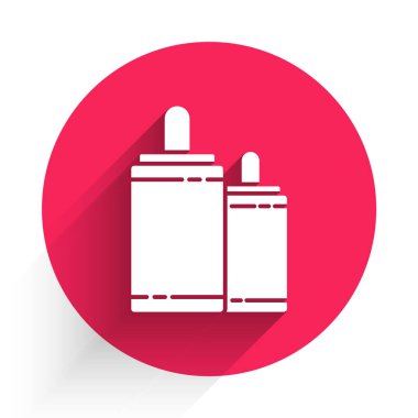 Uzun gölgeli beyaz havai fişek ikonu. Eğlence partisi anlayışı. Patlayıcı havai fişek sembolü. Kırmızı daire düğmesi. Vektör İllüstrasyonu