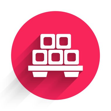 Kesme tahtasındaki beyaz suşi uzun gölgeli izole edilmiş. Tahtada Asya yemeği suşisi. Kırmızı daire düğmesi. Vektör İllüstrasyonu