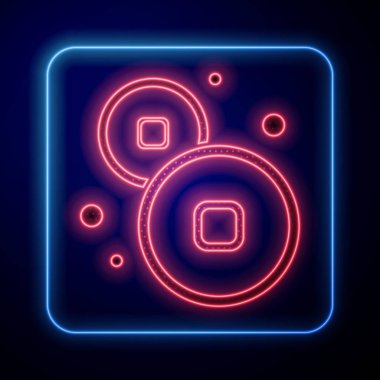 Parlayan neon rengi Çin Yuan para birimi sembolü mavi arka planda izole edilmiş. Bozuk para. Bankacılık işareti. Para sembolü. Vektör İllüstrasyonu