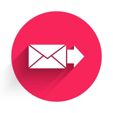 Beyaz Zarf simgesi uzun gölgeli izole edilmiş. E- posta mektup sembolü. Kırmızı daire düğmesi. Vektör İllüstrasyonu