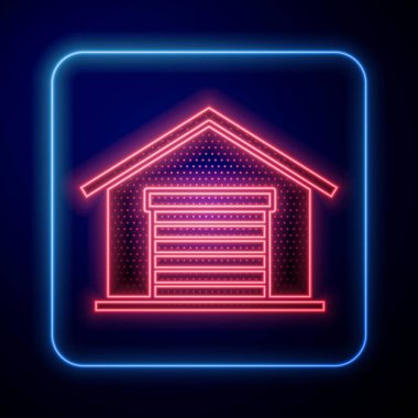 Parlayan neon depo ikonu mavi arka planda izole edildi. Vektör İllüstrasyonu