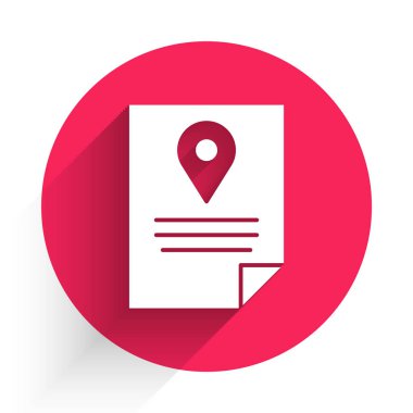 Beyaz Belge izleme sistemi simgesi uzun gölgeli izole edildi. Paket takibi. Kırmızı daire düğmesi. Vektör İllüstrasyonu