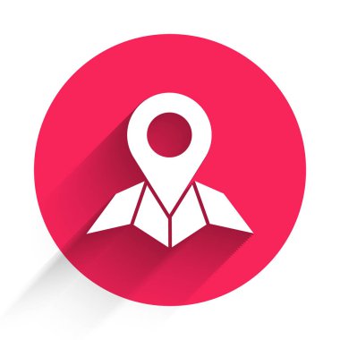 Harita kağıdındaki beyaz yer tutucu uzun gölgeli perspektif simgesi. Kırmızı daire düğmesi. Vektör İllüstrasyonu