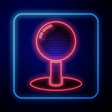 Parlayan neon itme simgesi mavi arkaplanda izole edildi. Raptiye işareti. Vektör İllüstrasyonu