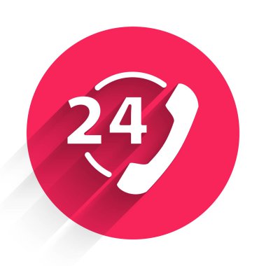 Beyaz Telefon 24 saat boyunca izole edilmiş uzun gölgeli ikon. Tüm gün müşteri destek merkezi. Tam zamanlı çağrı servisi. Kırmızı daire düğmesi. Vektör İllüstrasyonu