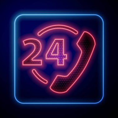 Parlayan neon telefon. Mavi arka planda 24 saatlik destek ikonu izole edildi. Tüm gün müşteri destek merkezi. Tam zamanlı çağrı servisi. Vektör İllüstrasyonu