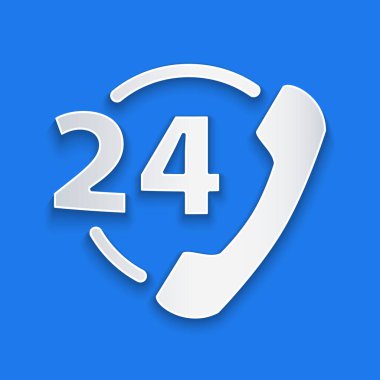 Kağıt kesiği Telefon 24 saat destek ikonu mavi arkaplanda izole edildi. Tüm gün müşteri destek merkezi. Tam zamanlı çağrı servisi. Kağıt sanatı tarzı. Vektör İllüstrasyonu