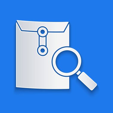 Kağıt kesiği posta, mavi arkaplanda izole edilmiş büyüteç simgesi. Kağıt sanatı tarzı. Vektör İllüstrasyonu