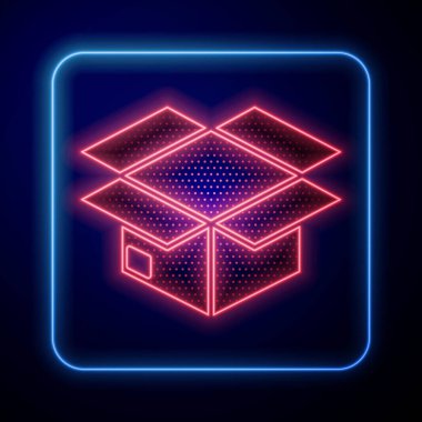 Parlayan neon karton kutu simgesi mavi arkaplanda izole edildi. Kutu, paket, paket işareti. Teslimat ve ambalaj. Vektör İllüstrasyonu