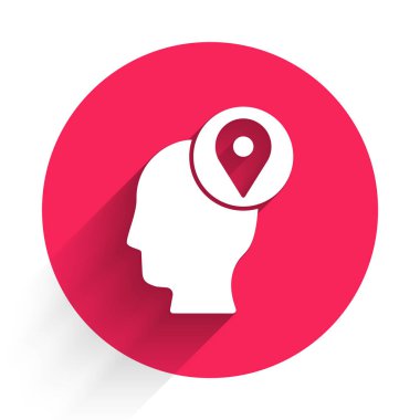 Karton kutu ikonlu beyaz teslimatçı uzun gölgeli izole edilmiş. Kuryeyle kapı kapı dolaşacağız. Kırmızı daire düğmesi. Vektör İllüstrasyonu