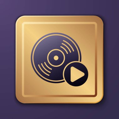 Mor Vinil disk simgesi mor arkaplanda izole edildi. Altın kare düğme. Vektör İllüstrasyonu