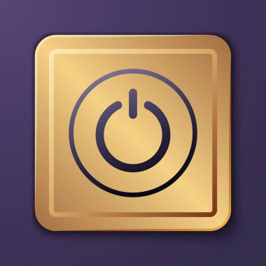 Mor Güç simgesi mor arkaplanda izole edildi. Başlat işareti. Altın kare düğme. Vektör İllüstrasyonu