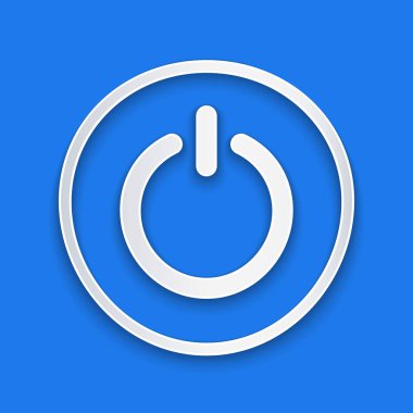 Kağıt kesme düğmesi simgesi mavi arkaplanda izole edildi. Başlat işareti. Kağıt sanatı tarzı. Vektör İllüstrasyonu