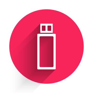 Beyaz Usb flash disk simgesi uzun gölgeli izole edildi. Kırmızı daire düğmesi. Vektör İllüstrasyonu