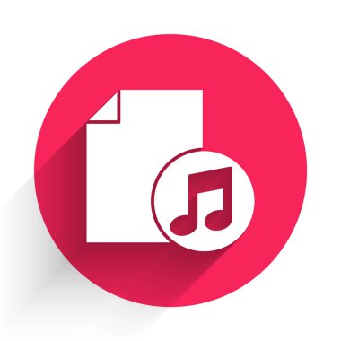 Uzun gölgeli, not simgesi olan beyaz müzik kitabı. Notalı nota kağıdı. Müzik notaları için not defteri. Kırmızı daire düğmesi. Vektör İllüstrasyonu