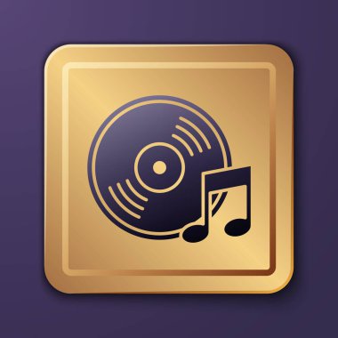 Mor Vinil disk simgesi mor arkaplanda izole edildi. Altın kare düğme. Vektör İllüstrasyonu