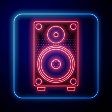 Parlayan neon ses sistemi hoparlörü ikonu mavi arkaplanda izole edildi. Ses sistemi hoparlörleri. Müzik ikonu. Müzikal sütun hoparlörü. Vektör İllüstrasyonu