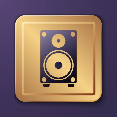 Mor Stereo hoparlör ikonu mor arkaplanda izole edildi. Ses sistemi hoparlörleri. Müzik ikonu. Müzikal sütun hoparlörü. Altın kare düğme. Vektör İllüstrasyonu